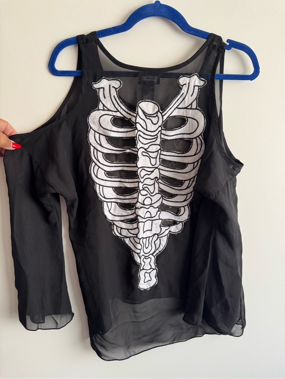 NWT Hot Topic Black Sheer Cold Shoulder Blouse w/ Skeleton Appliqué Size XS
